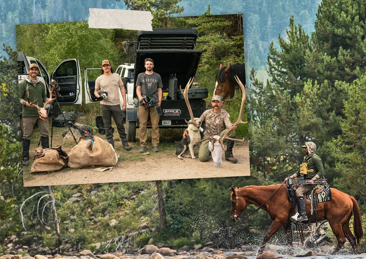 A photo collage showing the logistics of a backcountry hunt, including a hunter on horseback crossing a river and a group photo at camp with a harvested mule deer and elk.