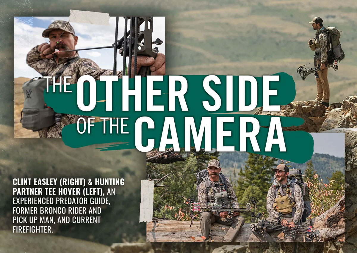 Hero image for the article 'The Other Side of the Camera' featuring a collage of bowhunters Clint Easley and Tee Hover during their backcountry mule deer hunt.