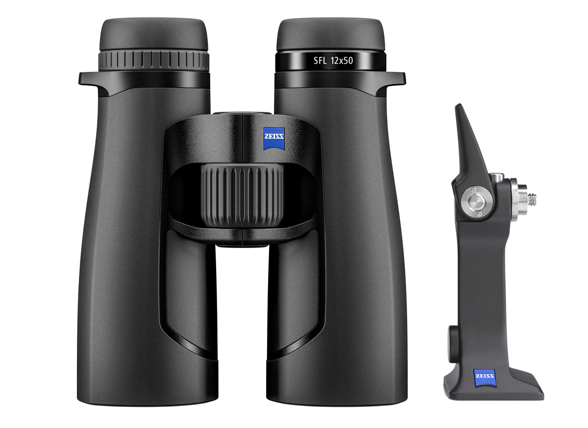 The ZEISS SFL 12x50 binoculars shown next to their dedicated tripod adapter, highlighting the complete system for steady, high-magnification viewing.