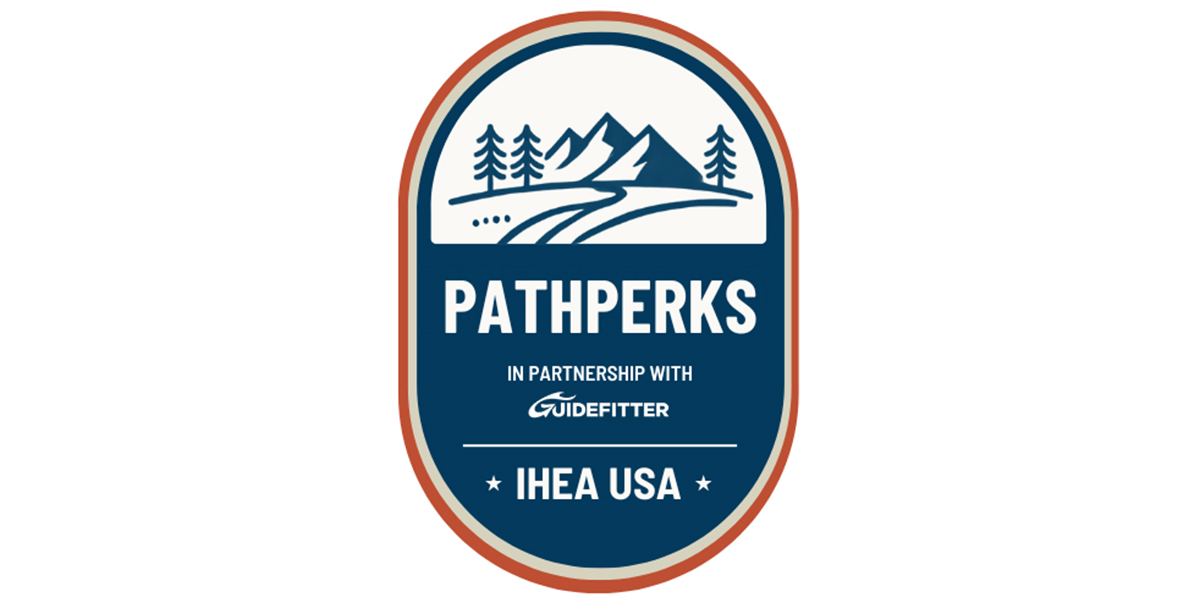 PathPerks logo featuring a mountain and river badge, in partnership with Guidefitter and IHEA-USA.