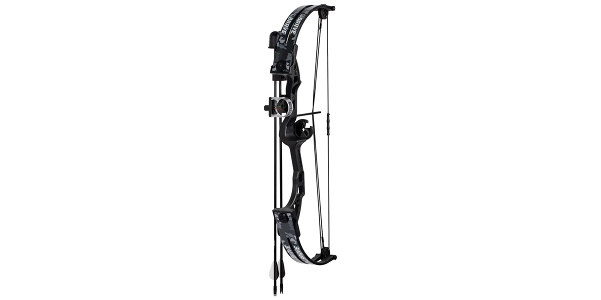 Bear Archery Brave youth compound bow with Whisker Biscuit rest, Safetyglass arrows, arm guard, and quiver for ages 8 and up.