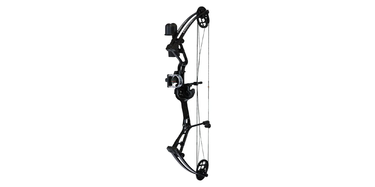Bear Archery Frontier RTS youth compound bow with 3-pin sight, Whisker Biscuit rest, and quiver.