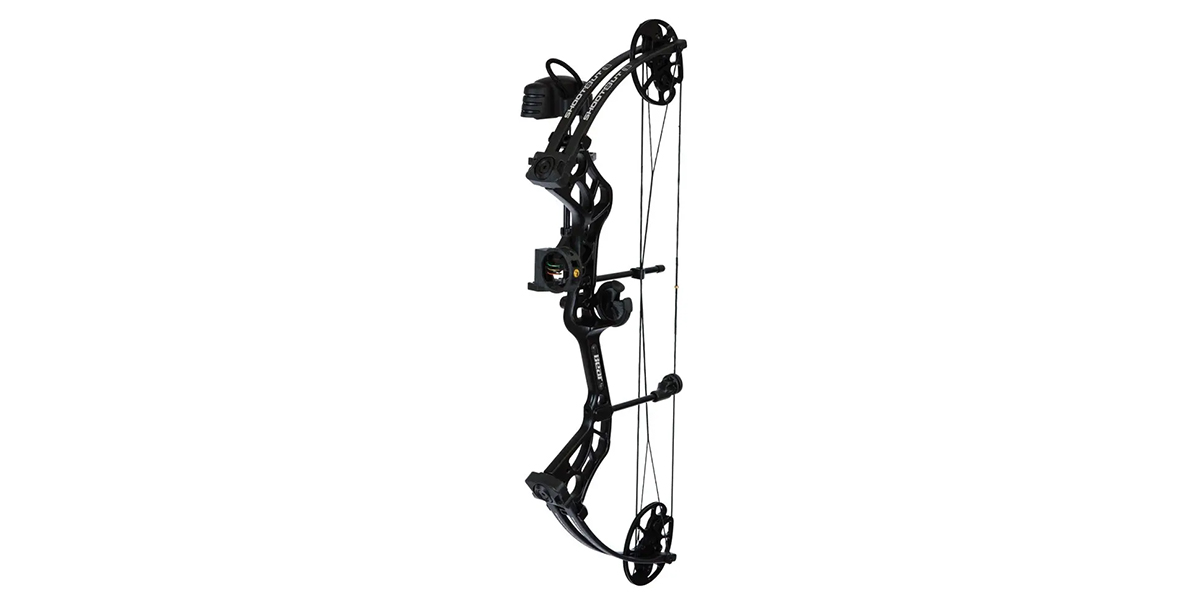 Bear Archery Shootout RTH compound bow with Trophy Ridge 3-pin sight, Whisker Biscuit rest, and quiver – youth to adult crossover.